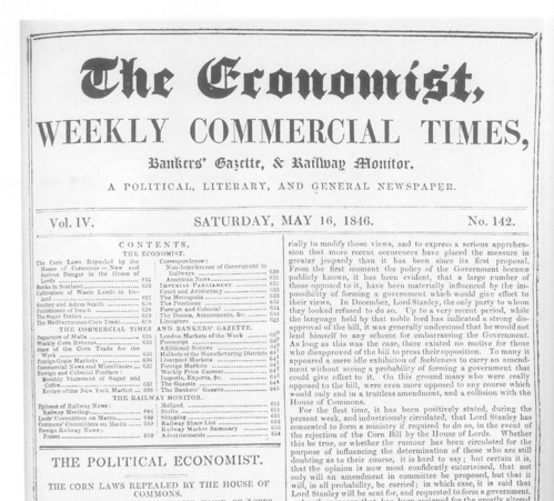 The front page of "The Economist", on May 16, 1846, Source: Wikimedia Commons